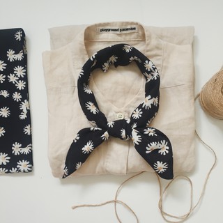 Khăn turban hoạ tiết hoa daisy màu đen | khăn choàng đầu bandana