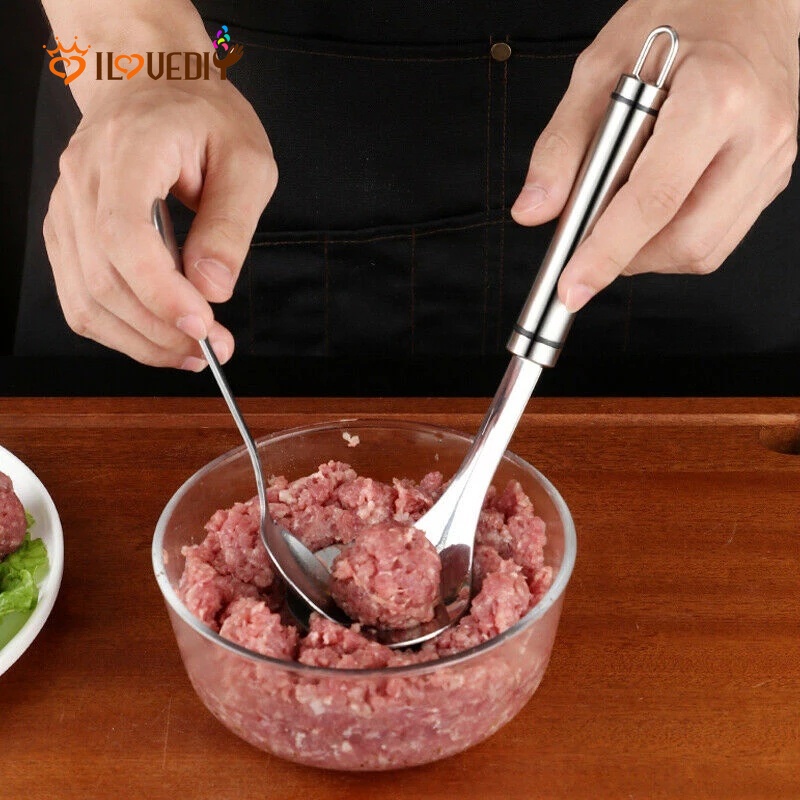 Muỗng múc thịt viên bằng thép không gỉ tay cầm dài chống dính có lỗ oval