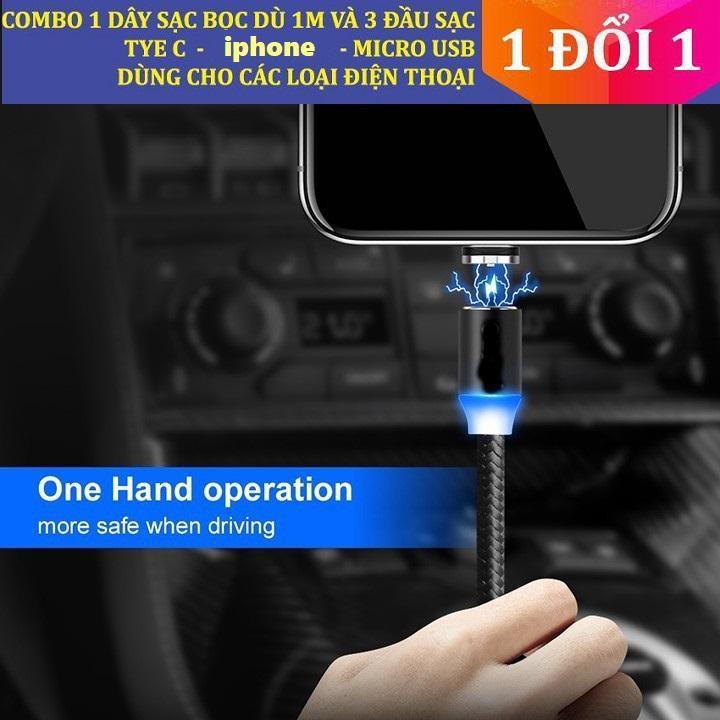 Cáp sạc từ hít nam châm dây dù - combo 3 đầu tiện dụng hỗ trợ sạc cực nhanh