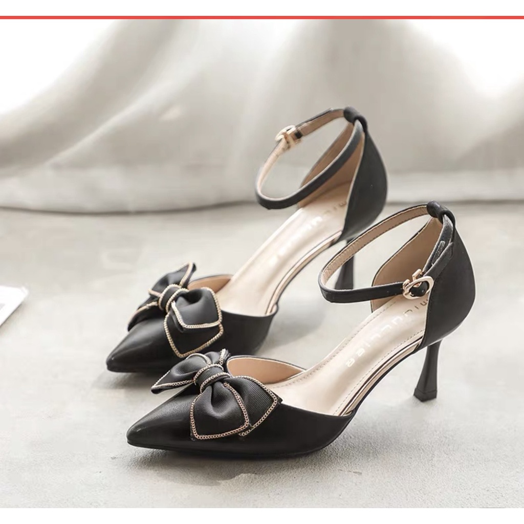 ZZ99- Giày, sandal cao gót nơ bông 7 phân gót mảnh- sambo bít gót