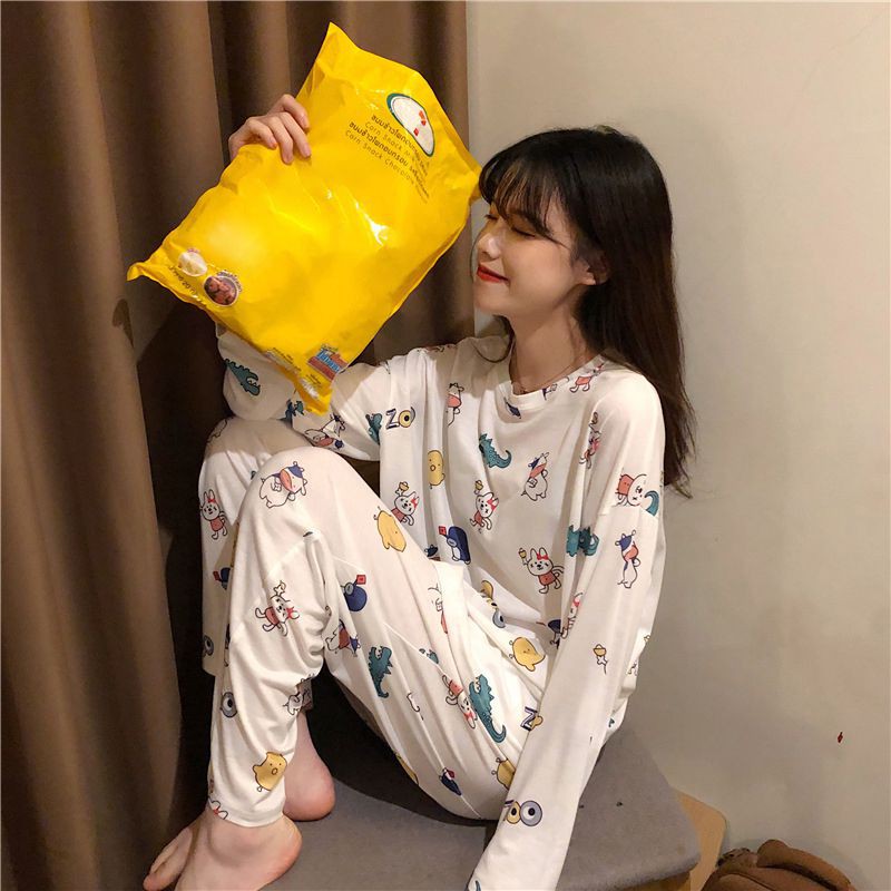 Women Lovely Sweet Autumn Cute Cartoon Print Long Sleeved Pajama Set Cotton Sleepwear