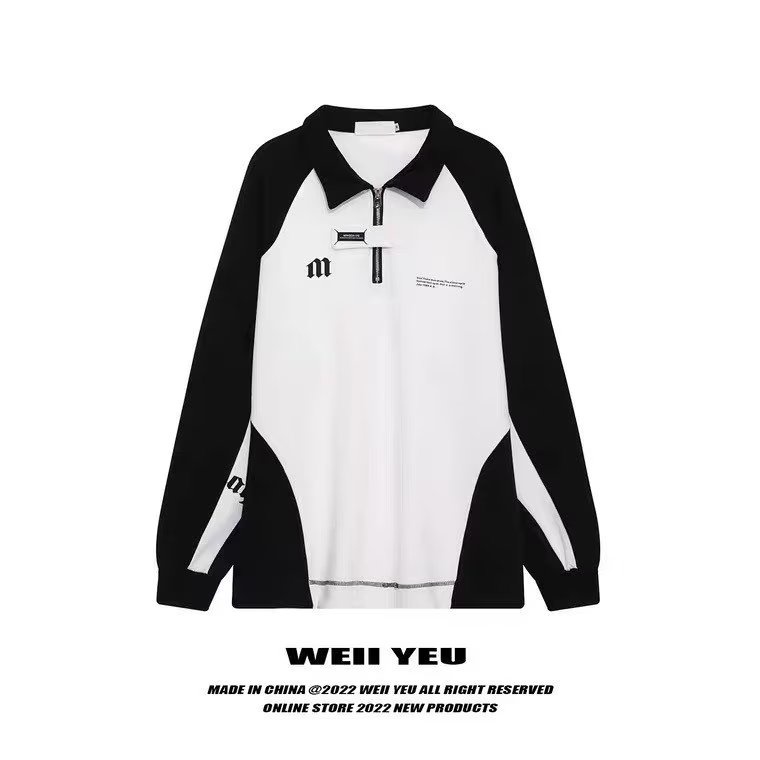 Áo Sweater POLO Dáng Rộng Tay Dài Cổ Đứng Phối Màu Trắng Đen Tương Phản Thời Trang Cho Nam