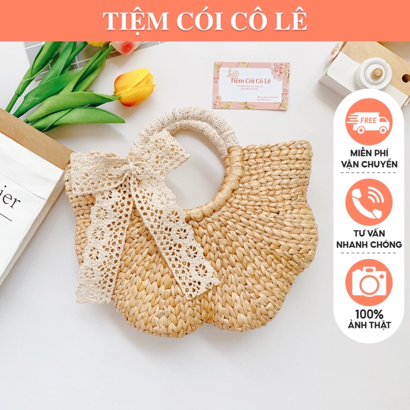 Túi cói lục bình dáng hoa nơ ren size 28cm đi biển, chụp ảnh, decor xinh - Tiệm Cói Cô Lê
