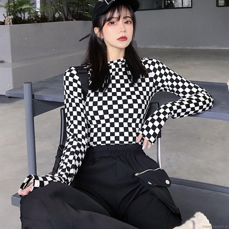 Áo thun tay dài in caro thời trang cá tính cho nữ