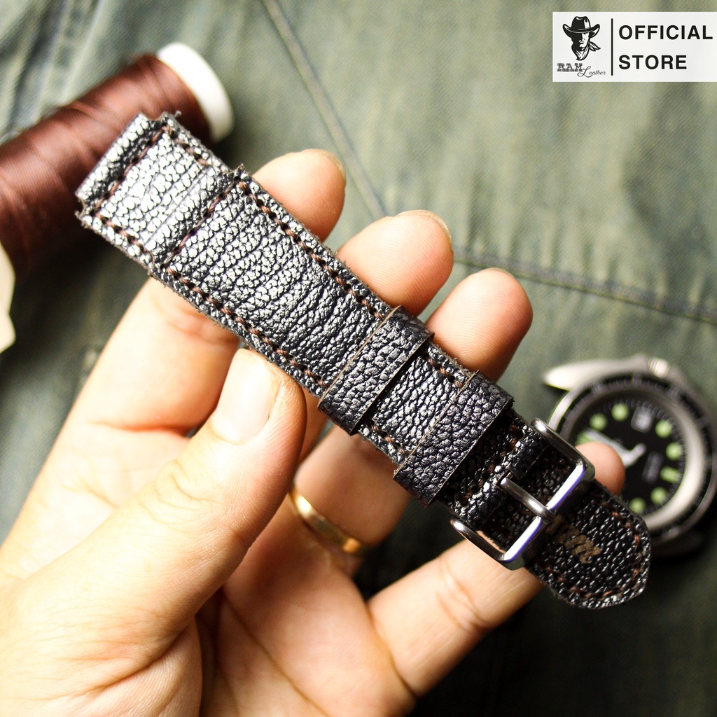Dây Đồng Hồ Da Thật RAM Leather 1956 Cho Casio AE 1200 WHD và đồng hồ dây 18mm Da Bò Vân Cá Mập Đen Thép  Bền Đẹp