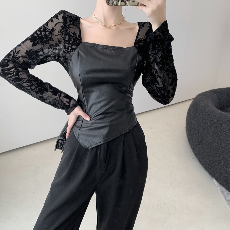 Áo kiểu tay dài cổ vuông phối ren thời trang mùa thu dễ phối đồ