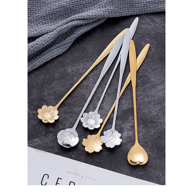 MUỖNG CÀ PHÊ ,KEM CÁN DÀI  INOX  NHIỀU HỌA TIÊT HOA ĐẸP