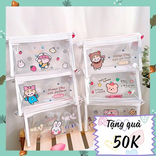 HỘP BÚT TRONG SUỐT, TÚI ĐỰNG MỸ PHẨM TRONG SUỐT, TÚI BÚT CUTE HÌNH TAM GIÁC HOẠ TIẾT DỄ THƯƠNG