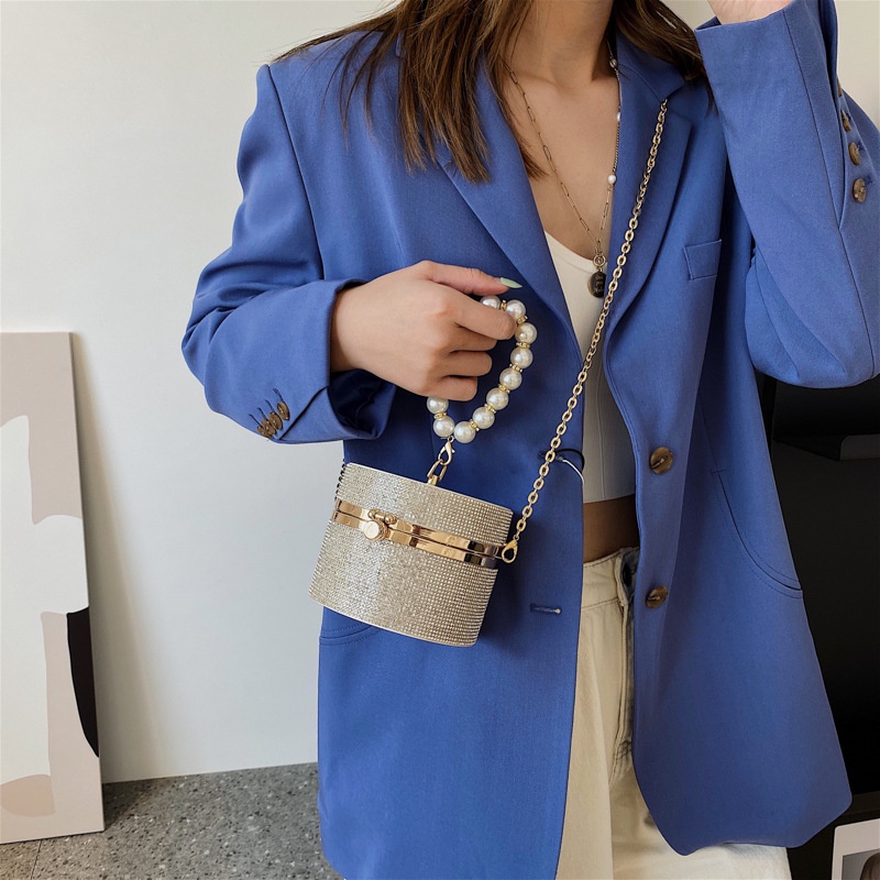 Túi đeo chéo IELGY kiểu hình trụ đính đá sáng bóng phối dây ngọc trai thời trang nhỏ gọn dành cho nữ