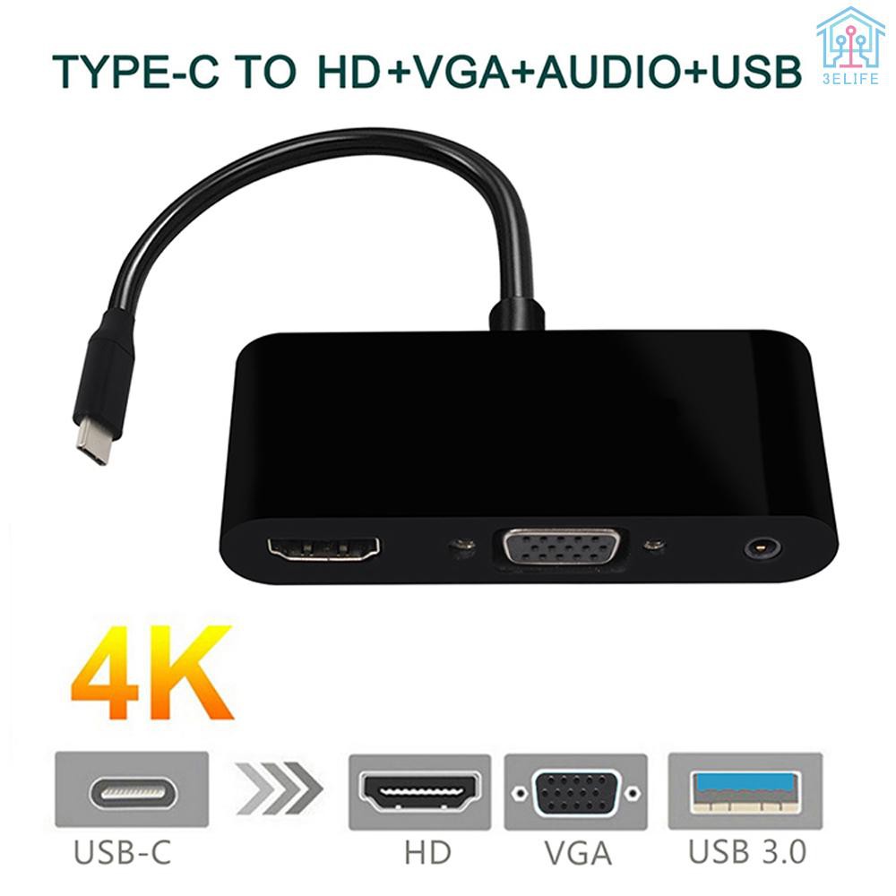 【E&V】USB-C Type-C to HD VGA 3.5mm Audio 3 in 1 Converter Adapter with USB 3.0 HUB