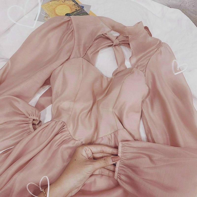 ẢNH THẬT TRẢI SÀN - ĐẦM MIDI HỒNG TAY DÀI NƠ CỔ