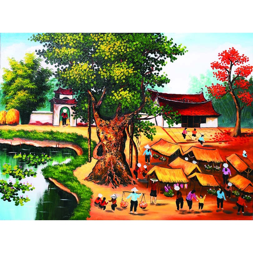 Tranh Dán tường 3D Phong Cảnh Làng Quê Việt Nam yên bình mẫu mới nhất, được ưa chuộng hiện nay