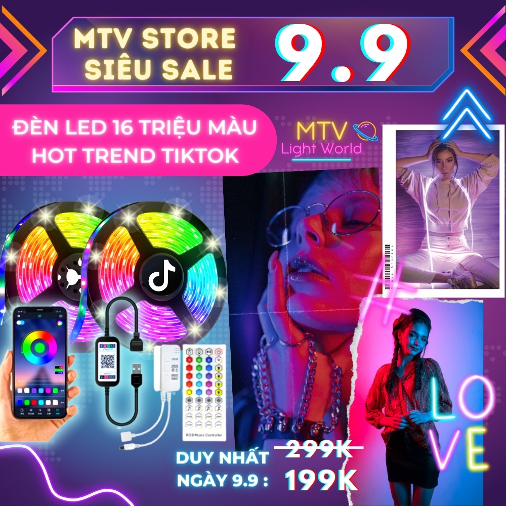 Đèn led trang trí TikTok, đèn decor phòng ngủ RGB 5050 16 triệu màu, khiển APP BLUETOOTH - MTV Store