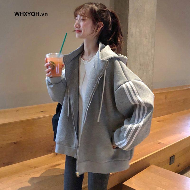 Áo Khoác Hoodie Dáng Rộng Phối Khóa Kéo Kiểu Hàn Quốc Mới