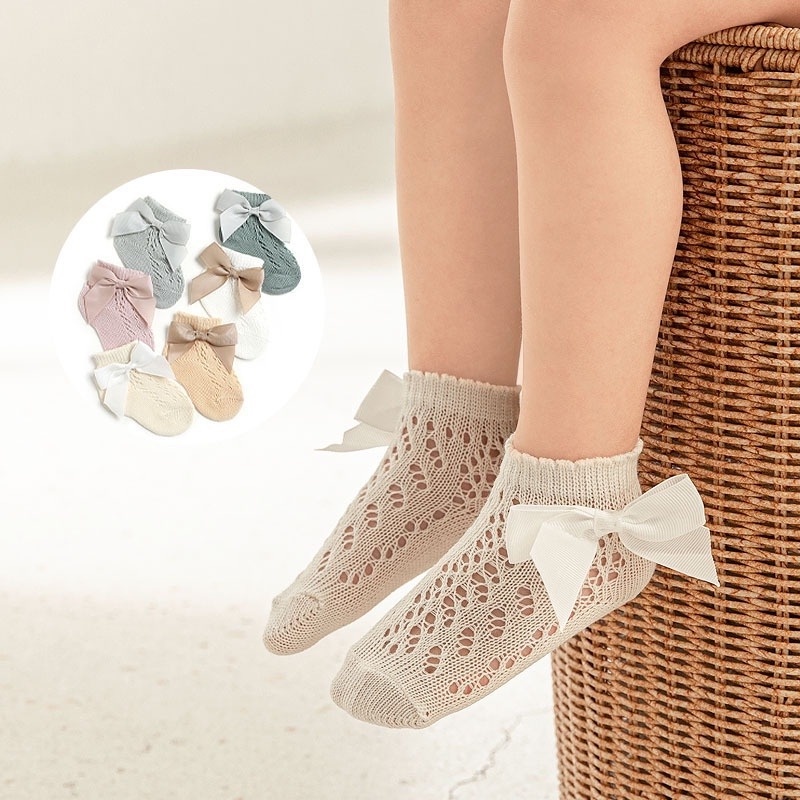 1 Đôi Vớ Cotton Mỏng Phối Lưới Đính Nơ Thời Trang Mùa Hè Cho Bé Gái