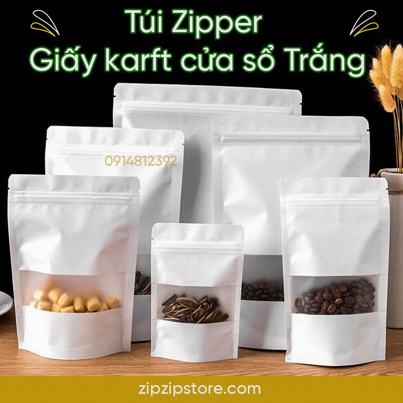 Túi zipper giấy karft cửa sổ Trắng