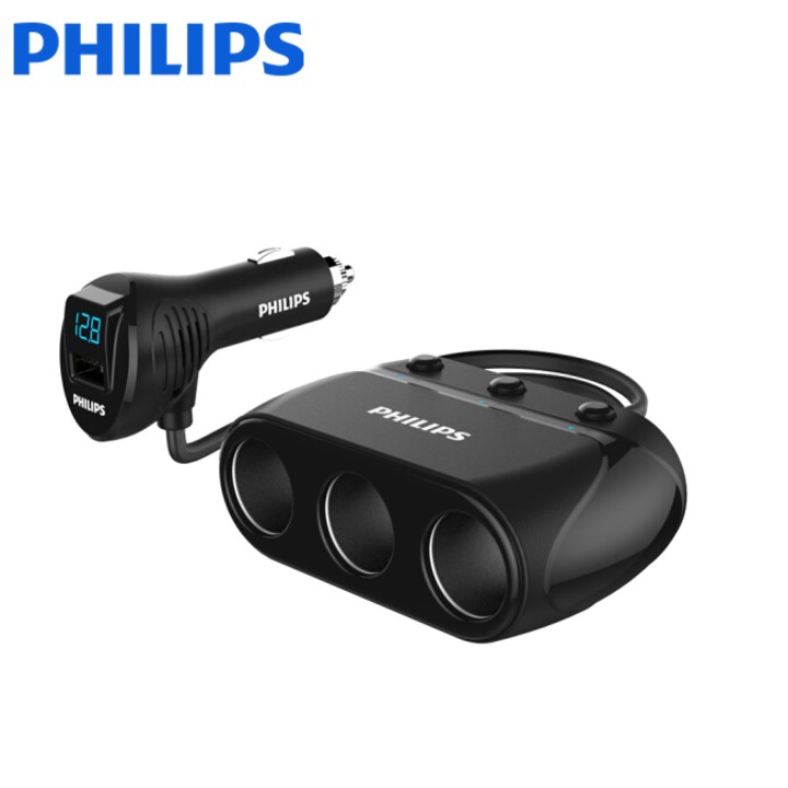 Tẩu chia sạc ô tô cao cấp Philips DLP2019 có 3 tẩu chia có hiển thị đèn Led - Bảo hành chính hãng