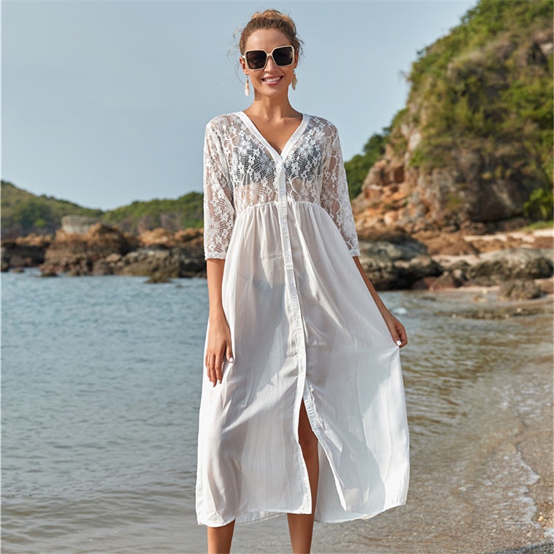 Đầm Maxi Đi Biển Vải Voan Phối Ren Màu Trắng Thời Trang Dn0358 Cho Nữ