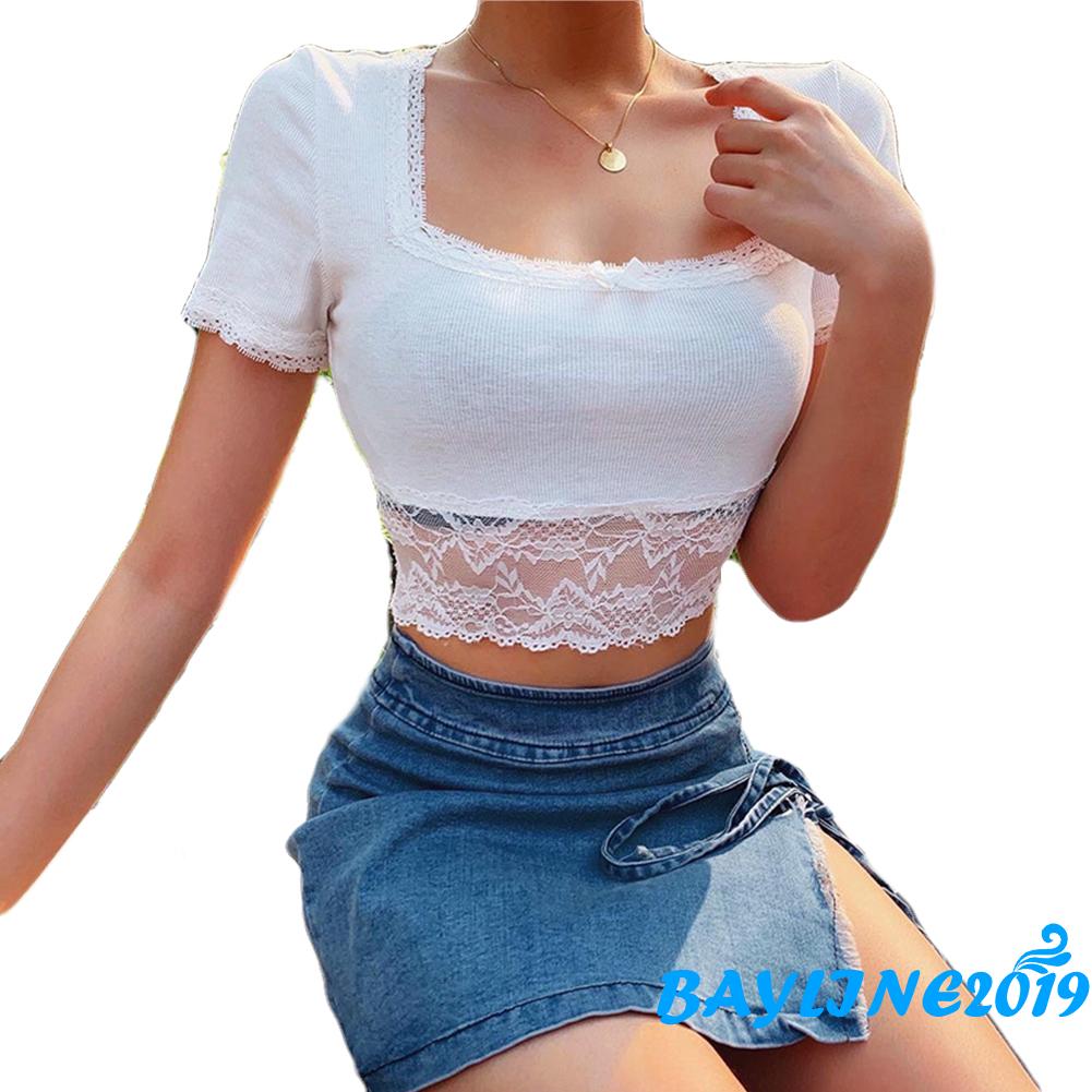Áo Lửng Ngắn Tay Phối Ren Quyến Rũ Dành Cho Nữ