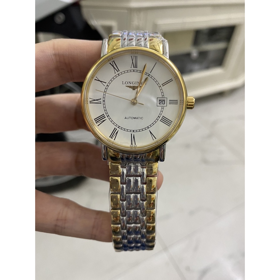 Đồng hồ Nam Lon-gines cơ automatic cao cấp máy nhât  3kim 1 lịch dây kim loại size 40mm đơ mi trắng pha vàng