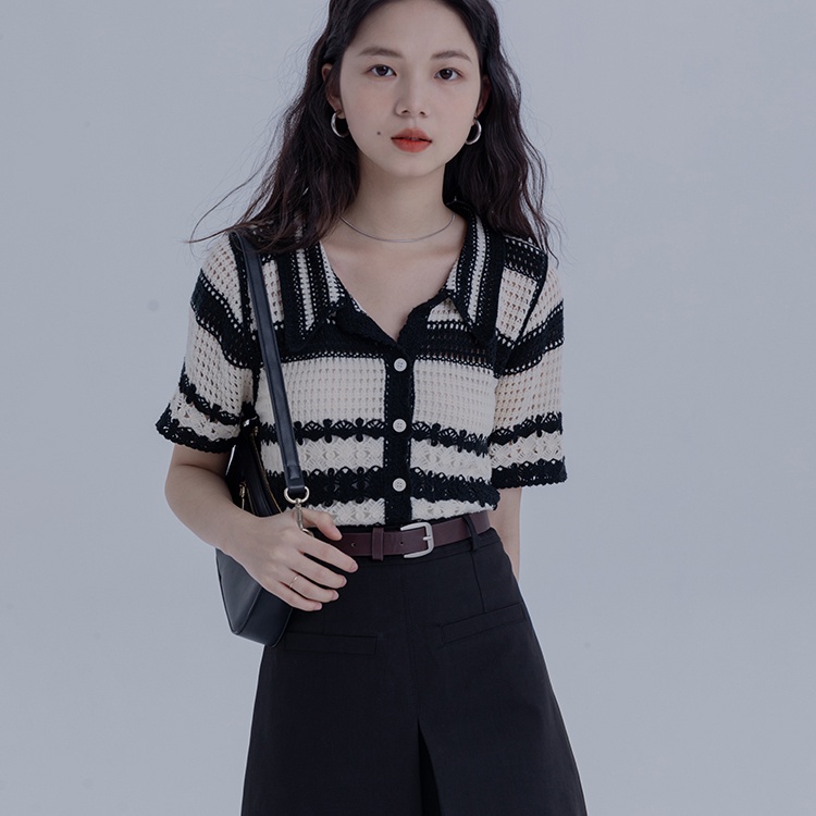 SUXI Áo Dệt Kim Tay Ngắn Dáng Ôm Họa Tiết Kẻ Sọc Thời Trang Mùa Hè Dễ Phối Đồ Cho Nữ