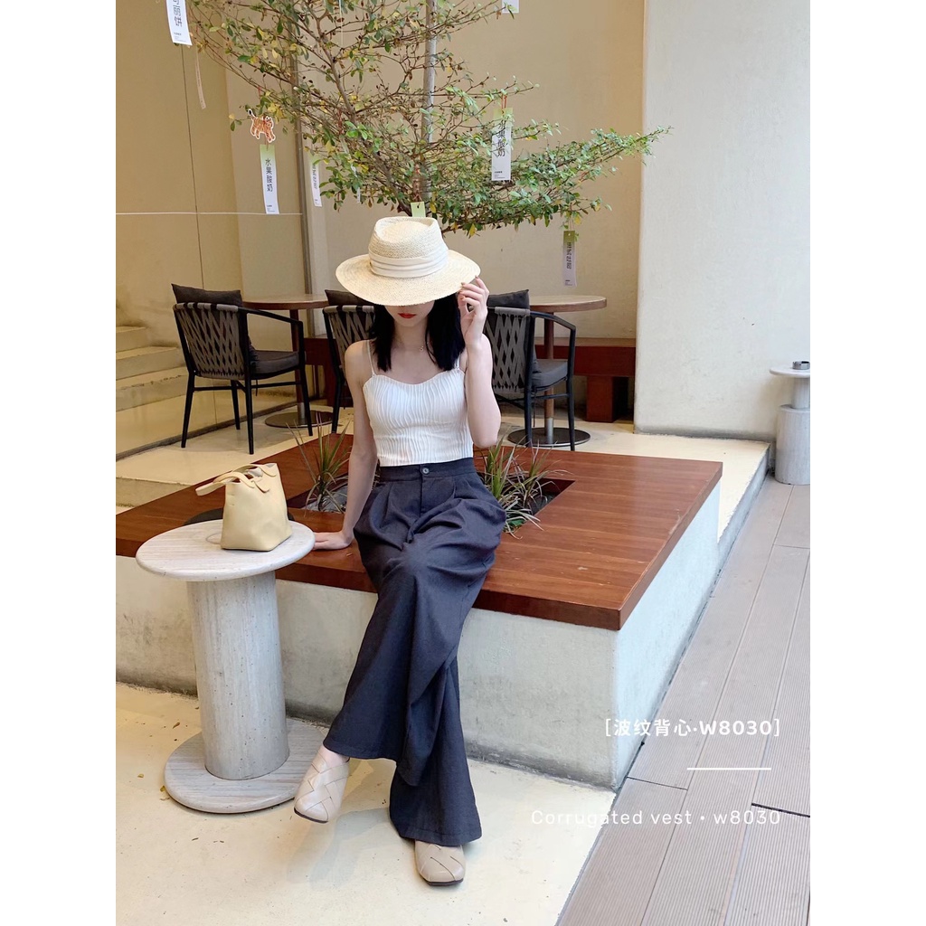 DUNEA Áo hai dây hở lưng gợn sóng có miếng đệm ngực thời trang dành cho nữ