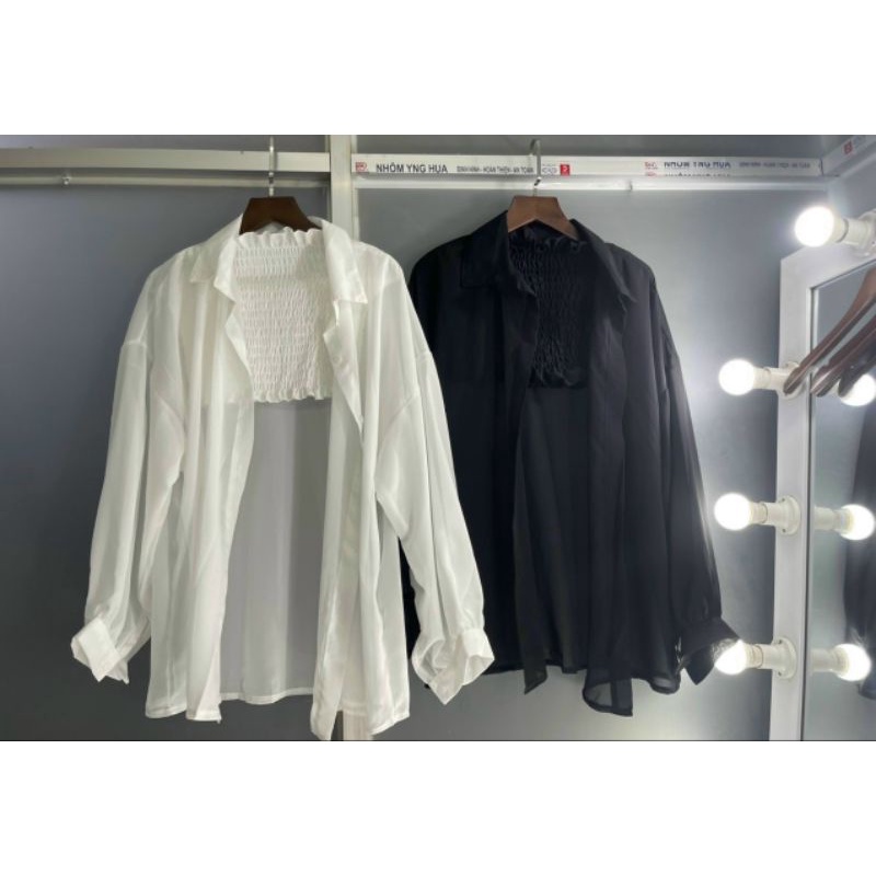 🍒🍒SÉT ÁO ỐNG NHÚN KÈM ÁO KHOÁT SƠ MI🍑