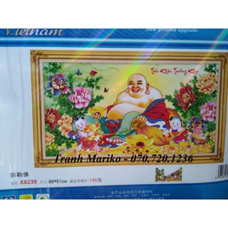 Tranh thêu chữ thập TIẾU KHẨU TRƯỜNG KHAI PHẬT DI LẠC CƯỜI MAY MẮN CÙNG HAI ĐỒNG TỬ X8239 kích thước 88*51cm