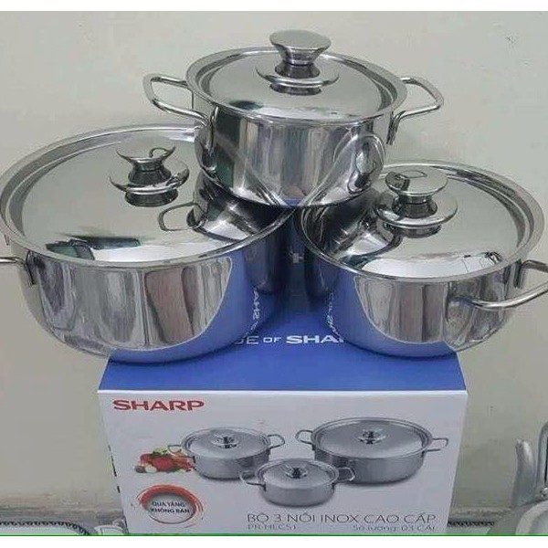 [Mua 1 Tặng 1] Bộ 3 Nồi Inox Sharp Sử Dụng Cho Mọi Loại Bếp - Bộ 3 Nồi Inox Đáy Từ Chống Gỉ Cao Cấp