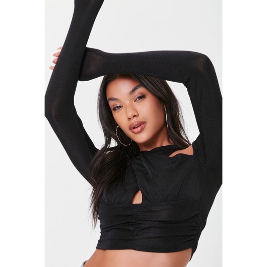 Áo Forever 21 Crisscross Cutout Crop Top Đen Dài Tay