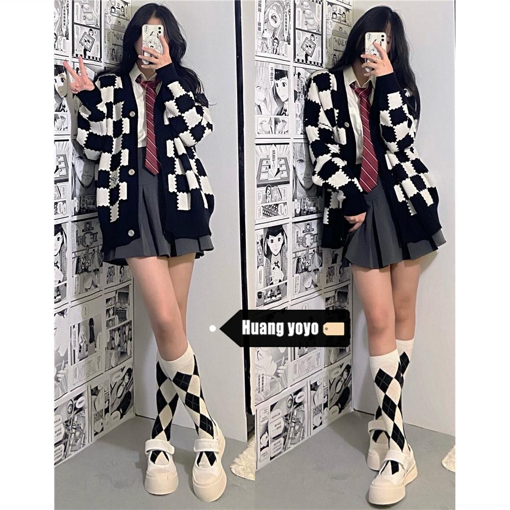 Áo len nữ dài tay cổ tròn sọc ca rô thời trang Hàn