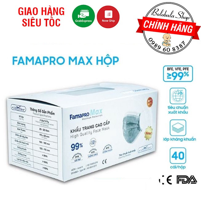 Khẩu trang y tế kháng khuẩn 4 lớp cao cấp FAMAPRO MAX, hộp 40 cái chính hãng công ty Nam Anh