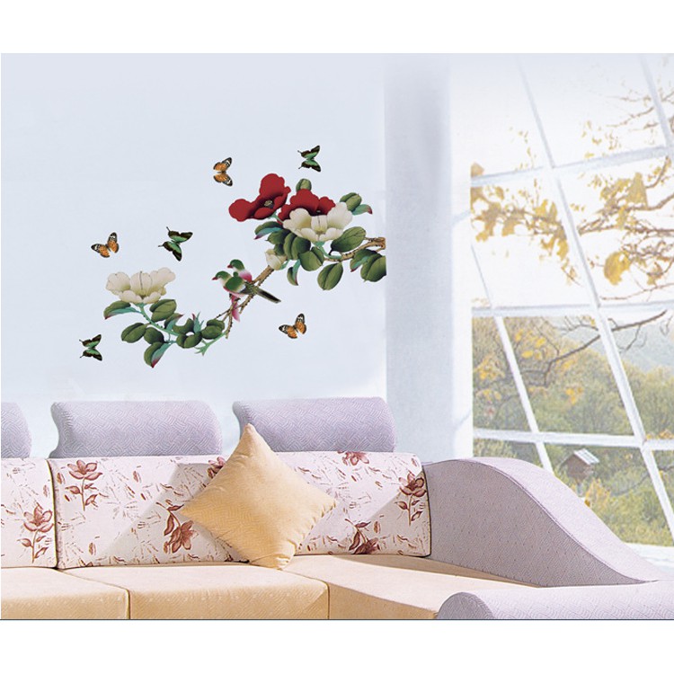 Decal trang trí tường Cành Hoa Hồng Đỏ Trắng Cổ Điển