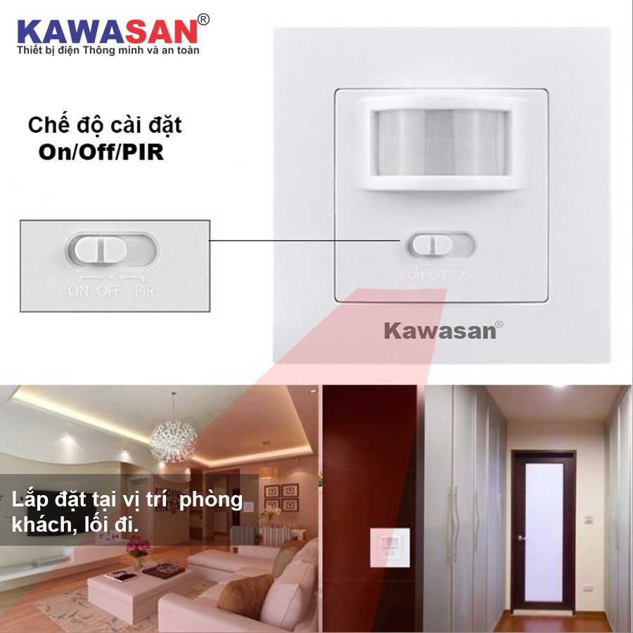 Công tắc cảm ứng hồng ngoại gắn cầu thang hành lang lắp chuẩn đế âm vuông có nút on/off Kawasan SS21D2