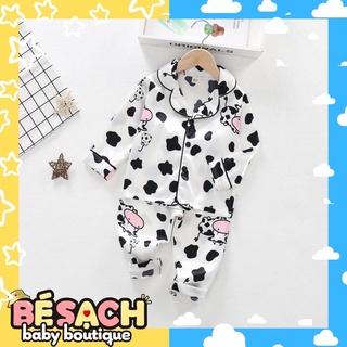 Bộ đồ ngủ pijama trẻ em vải lụa satin tay dài bò sữa