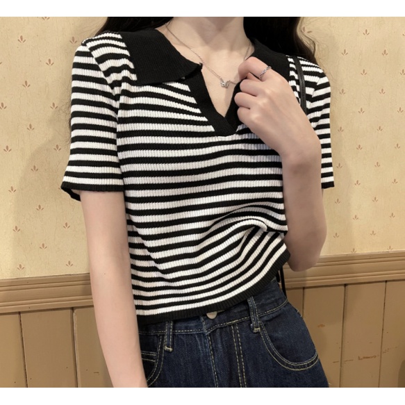 Áo thun nữ có cổ croptop polo màu trắng dâu tây,Kẻ tay ngắn sang chảnh năm 2021 | BigBuy360 - bigbuy360.vn