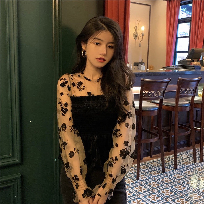 Áo nhung hoa đen tay dài thời trang mùa thu cho nữ