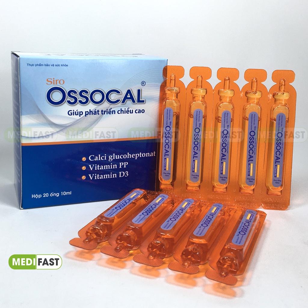 Siro Ossocal - Bổ sung canxi hữu cơ và D3 cho mẹ bầu, sau sinh và trẻ nhỏ, tăng chiều cao tuổi dậy thì hộp 20 ống