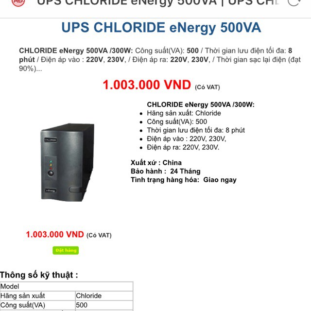 Bộ lưu điện Chloride 500Va