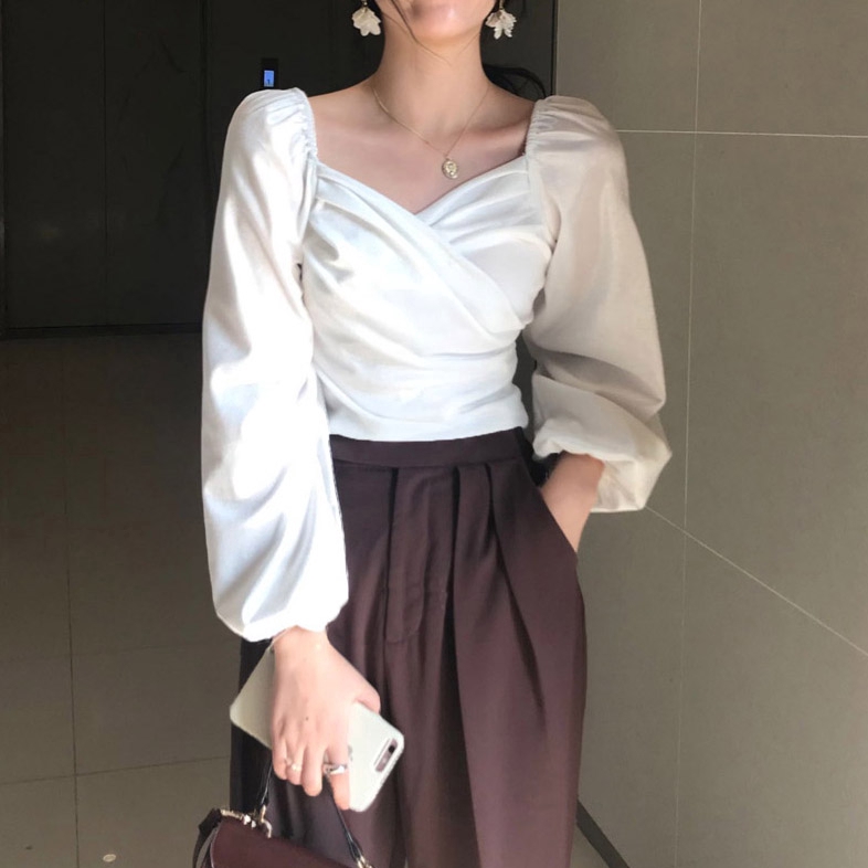 SUXI Áo sơ mi nữ cổ V tay phồng phong cách Hàn Quốc thời trang