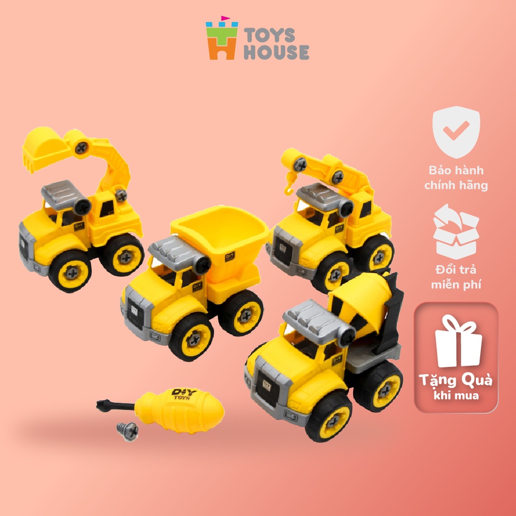 Đồ chơi lắp ghép mô hình oto xây dựng DIY 4 món gồm Cần cẩu, máy múc, xe bồn và xe ben Toyshouse