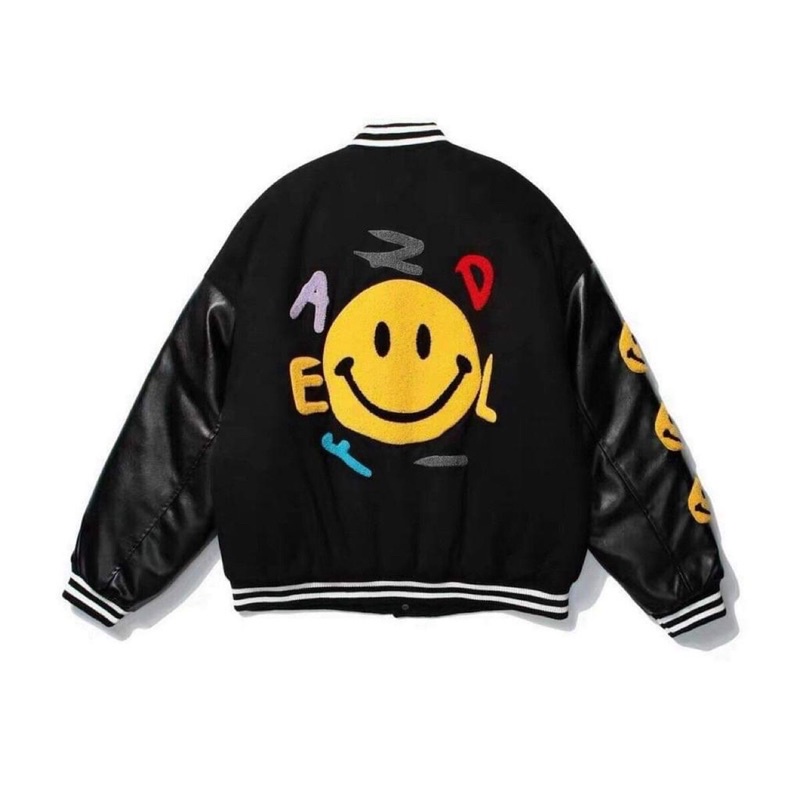 Áo Khoác Bomber Varsity Jacket Drew Mặt Cười Nam Nữ Full Đen Unisex Chất Kaki Dày Phối Da