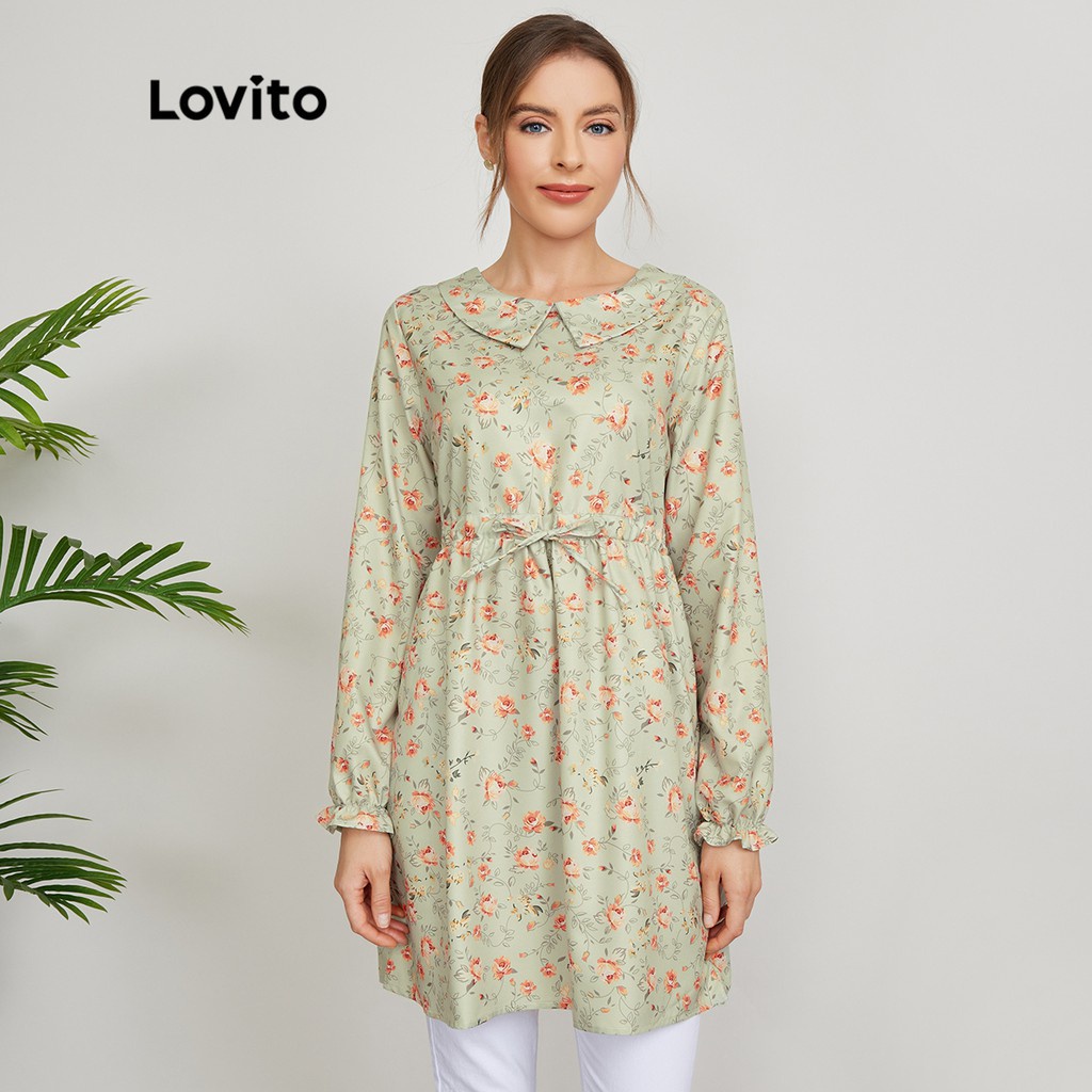 Lovito Áo sơ mi cổ tàu hoa lá vừa phải L24ED106 (Màu xanh lá cây nhạt)