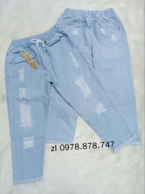 Quần Baggy Jean Nữ Mẫu Rách Xăn Lai Lưng Thun Dành Cho Bạn Gái Từ 35-70kg