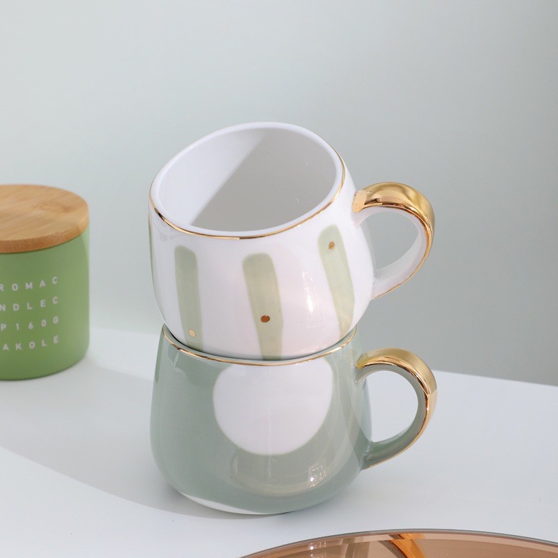 Ly cốc mug thấp bằng sứ, màu pastel, viền mạ vàng 350ML