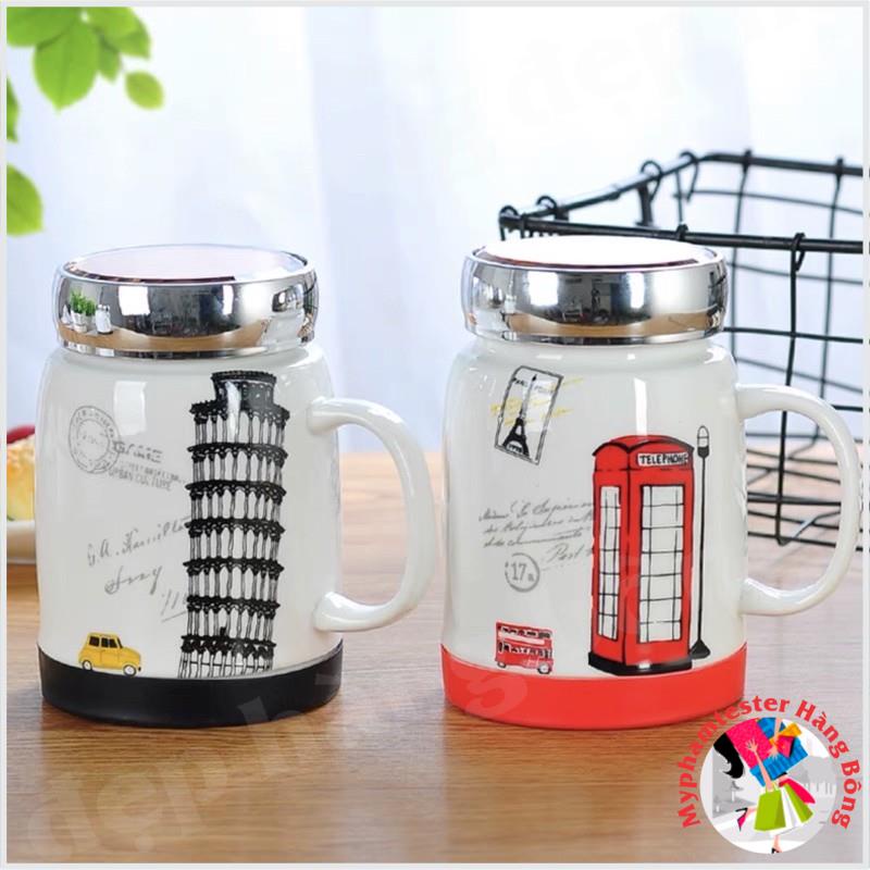 (SIÊU RẺ) Cốc sứ uống nước hoạ tiết nắp gương kèm thìa inox 500ml