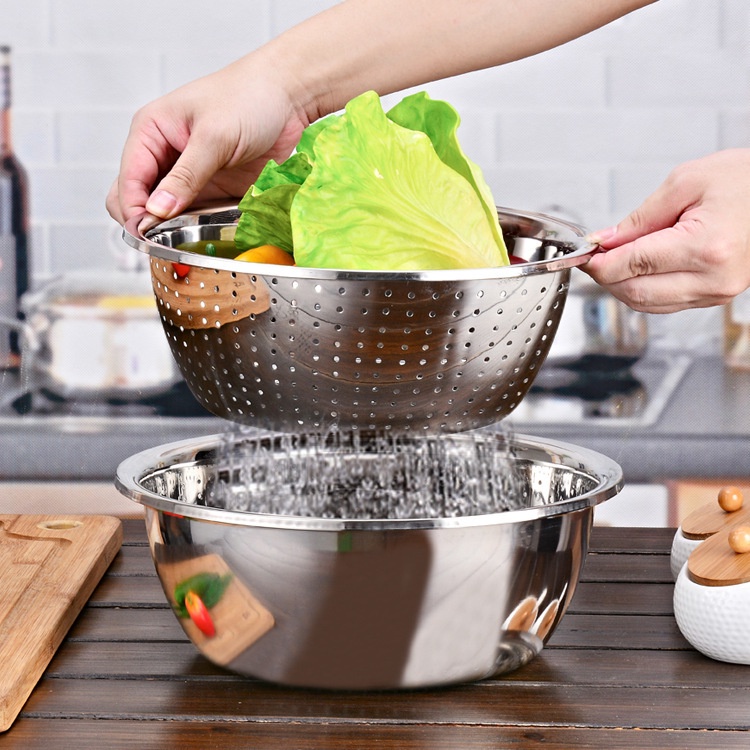 Bộ Thau Rổ Inox Nhà Bếp 5 Món Bằng Inox Đủ Size Từ 18 - 26Cm Tiện Dụng, Dày Dặn