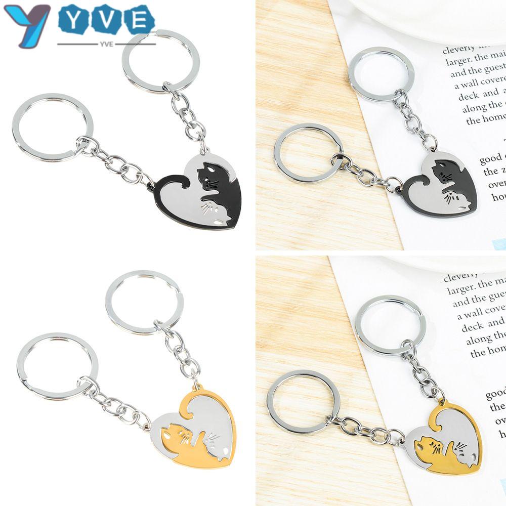 Set 2 móc khóa hình trái tim phối chú mèo dễ thương cho cặp đôi