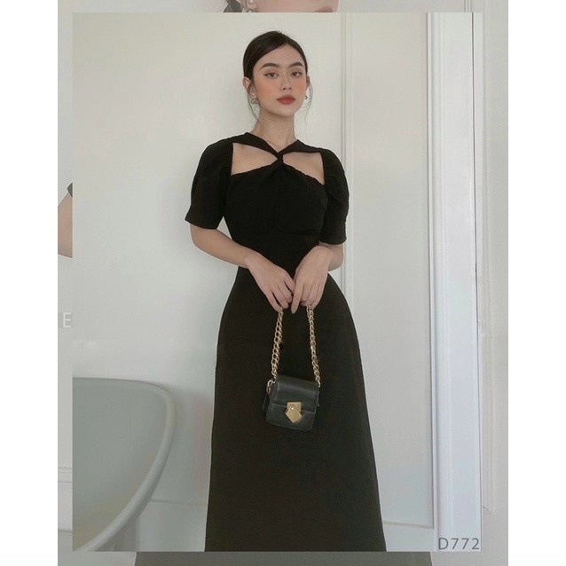 Đầm Xòe Cổ Chéo Tay Ngắn Thời Trang Nữ Dự Tiệc