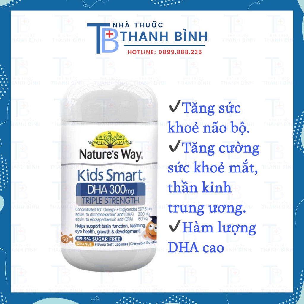 NATURE'S WAY KIDS SMART DHA 300mg TRIPLE STRENGTH Viên Nhai Tăng Cường Sự Phát Triển Của Trẻ Lọ 50 Viên
